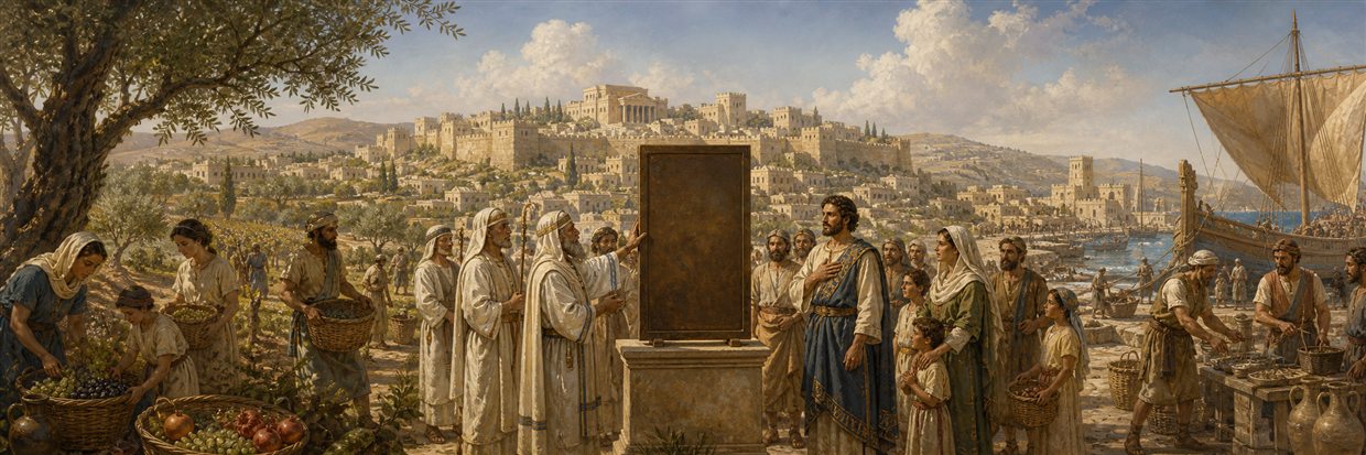 Families harvest in peace outside secure Jerusalem as elders publicly affirm Simon's leadership beside a blank bronze tablet